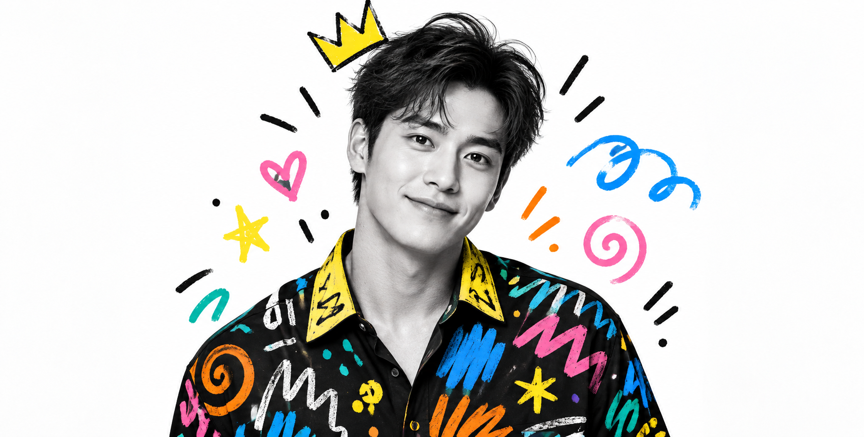 黑白人像与彩色波普涂鸦混合媒介肖像 — AI image creation