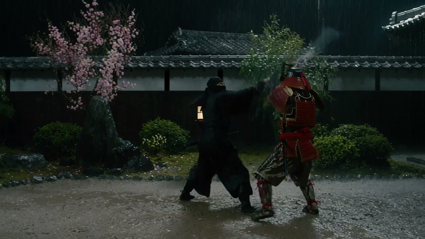 雨夜の庭園での忍者対決