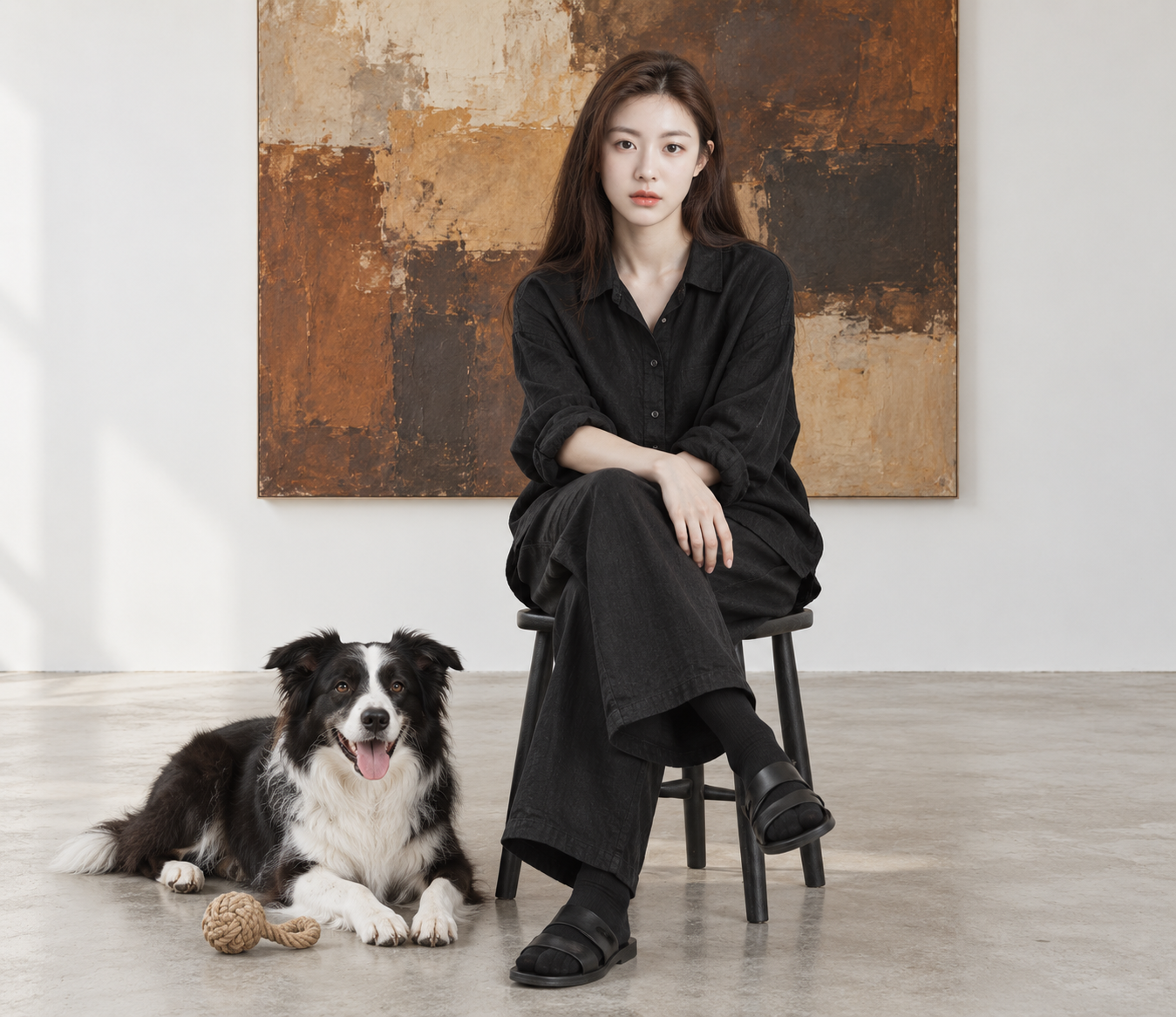 Portrait d'un homme en noir avec un chien de berger dans une galerie contemporaine