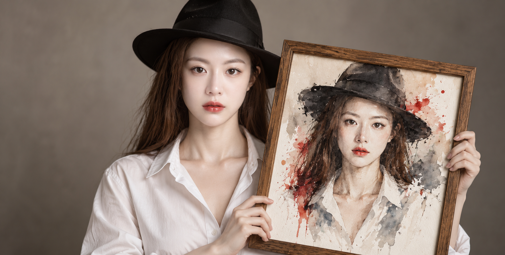手持自画像水彩木框的时尚女性 — AI image creation