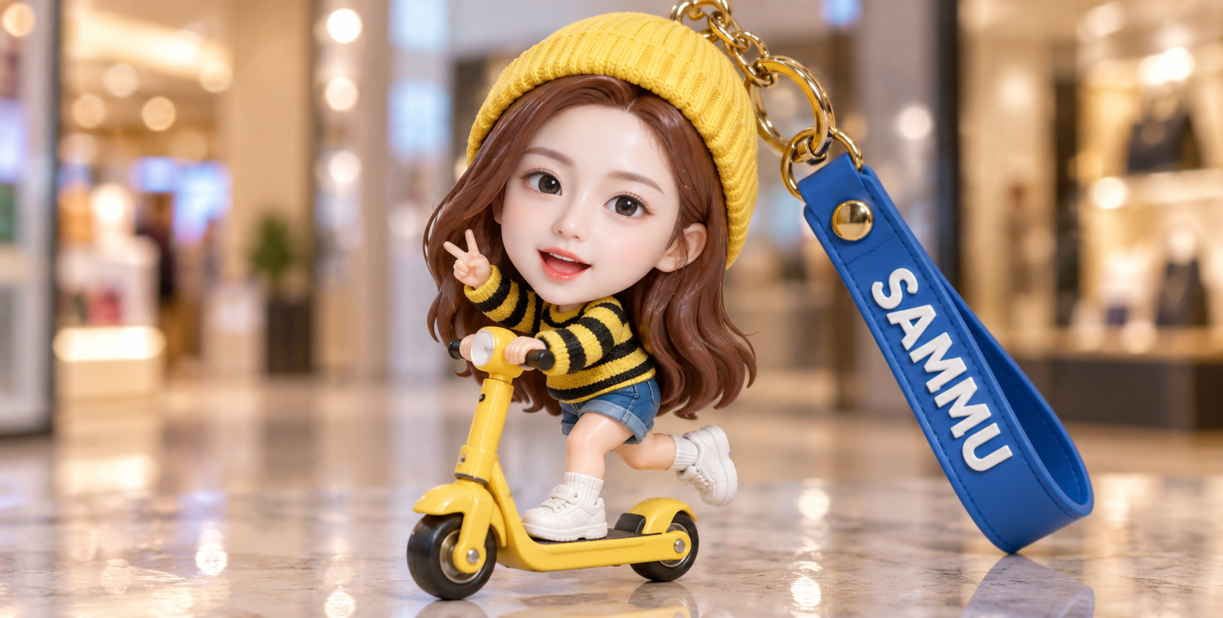 黄色滑板车骑行卡通人物钥匙扣 — AI image creation