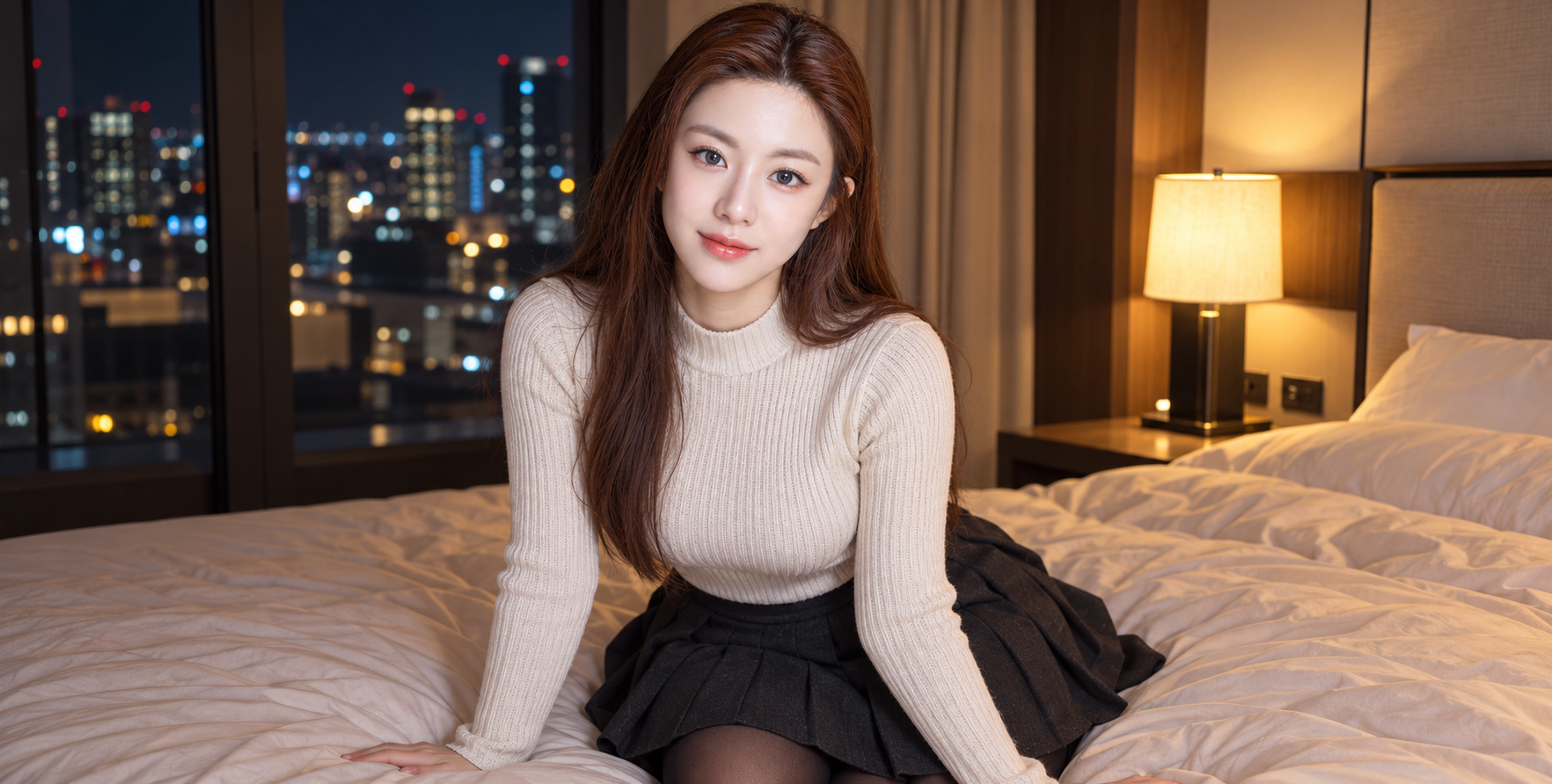 따뜻한 조명의 침실에서 담은 일본풍 야경 패션 인물