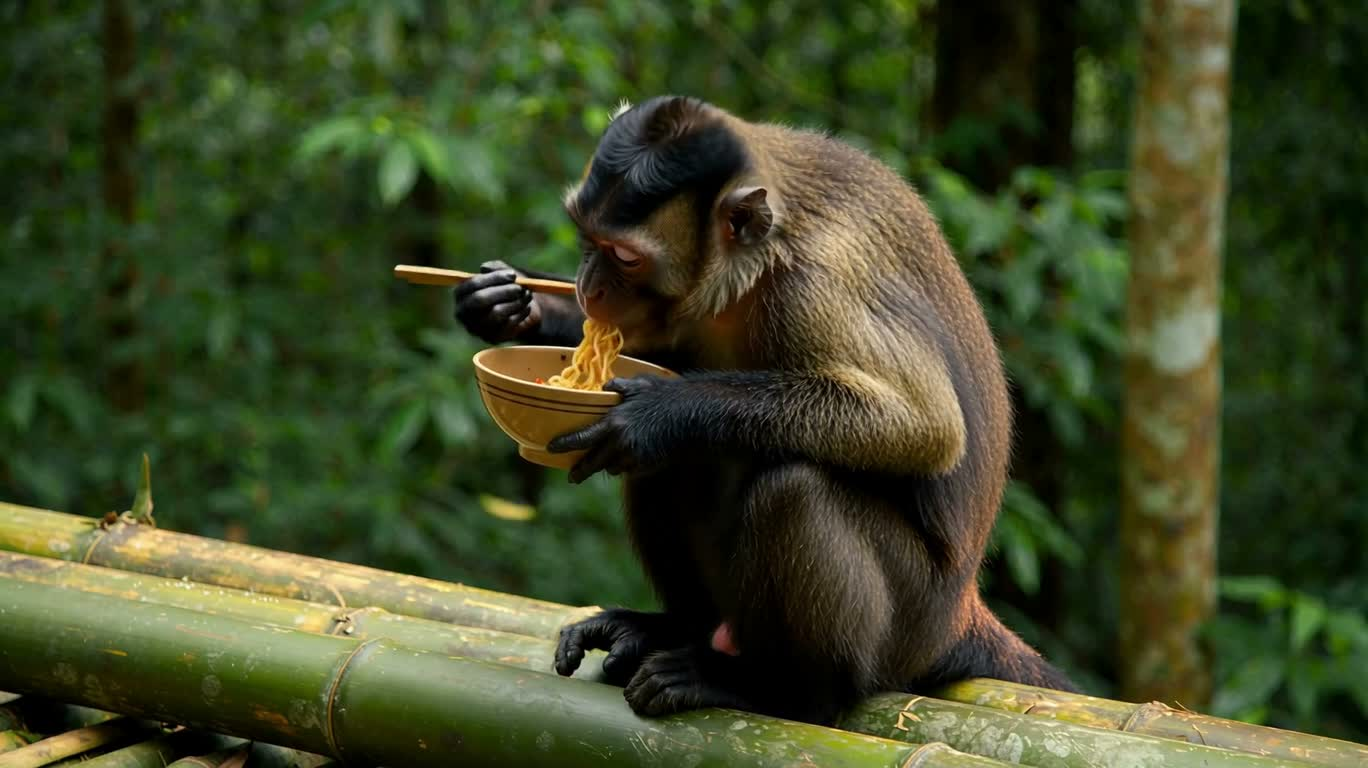 Monkeys Eating Noodles in a Bamboo Forest — AI video creation