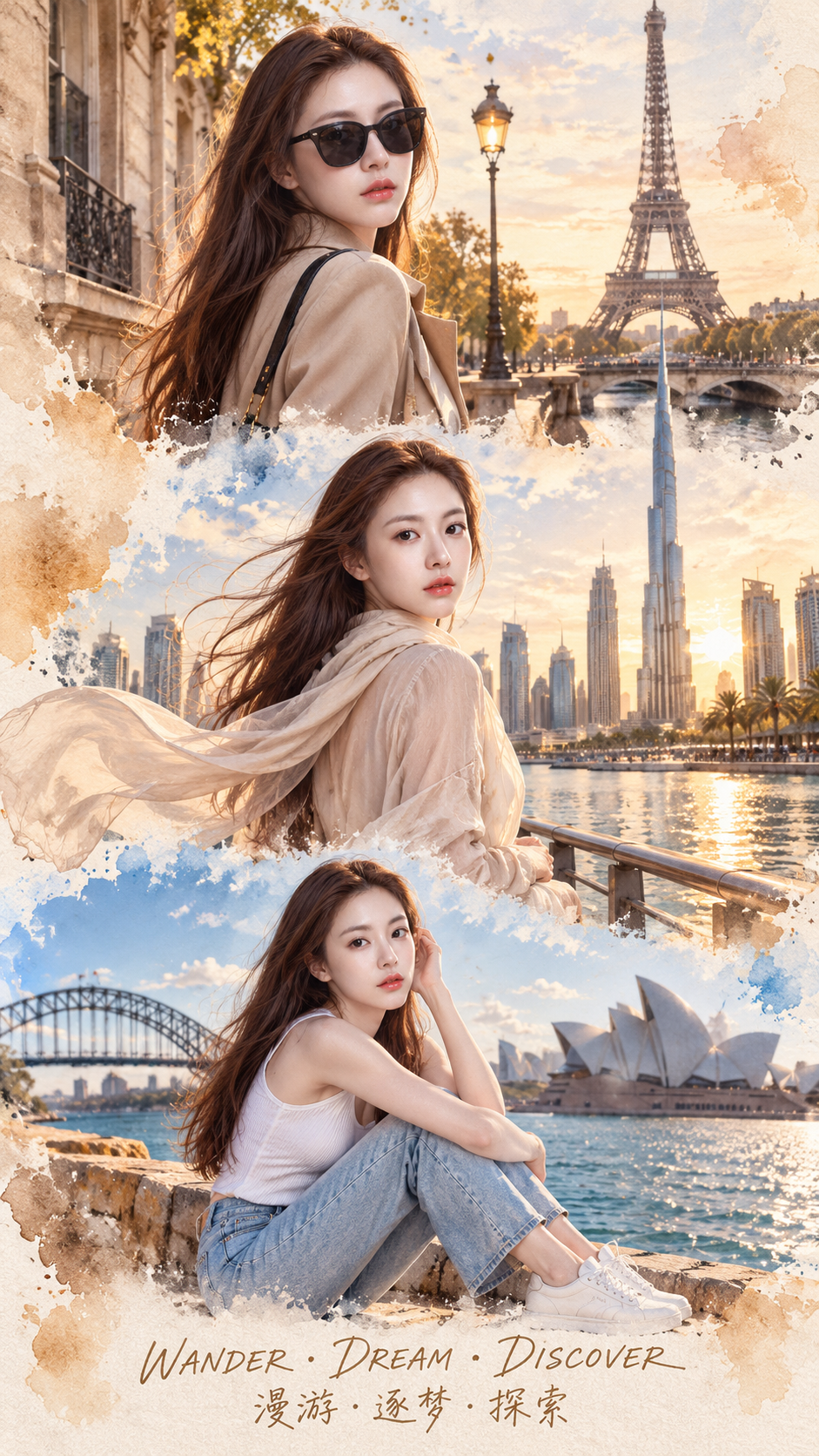 同一成年女性的巴黎迪拜悉尼旅行海报