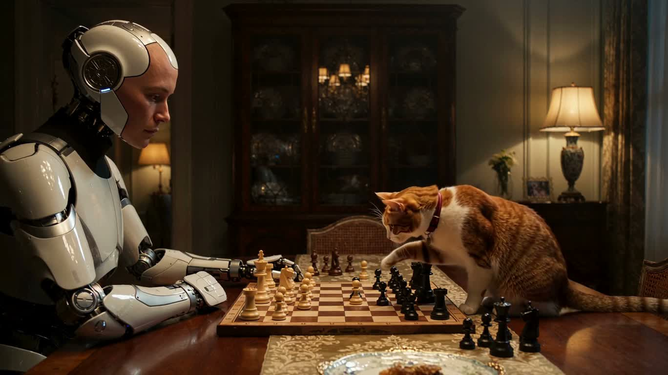 机器人与猫对弈 — AI video creation