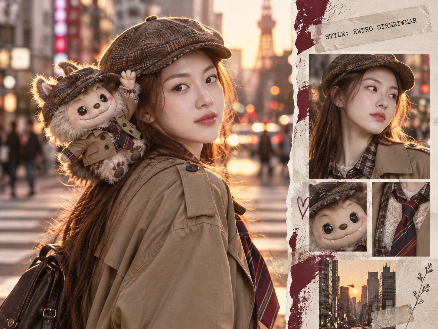固定身份成年模特与原创毛绒伙伴时尚跨页 — AI image creation