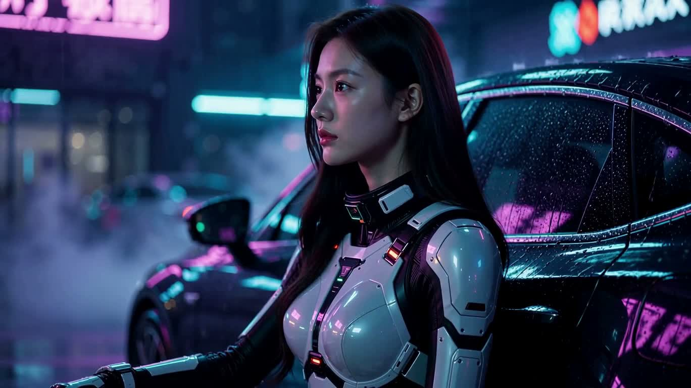 Femme cyberpunk près d'une voiture néon par une nuit de pluie — AI video creation
