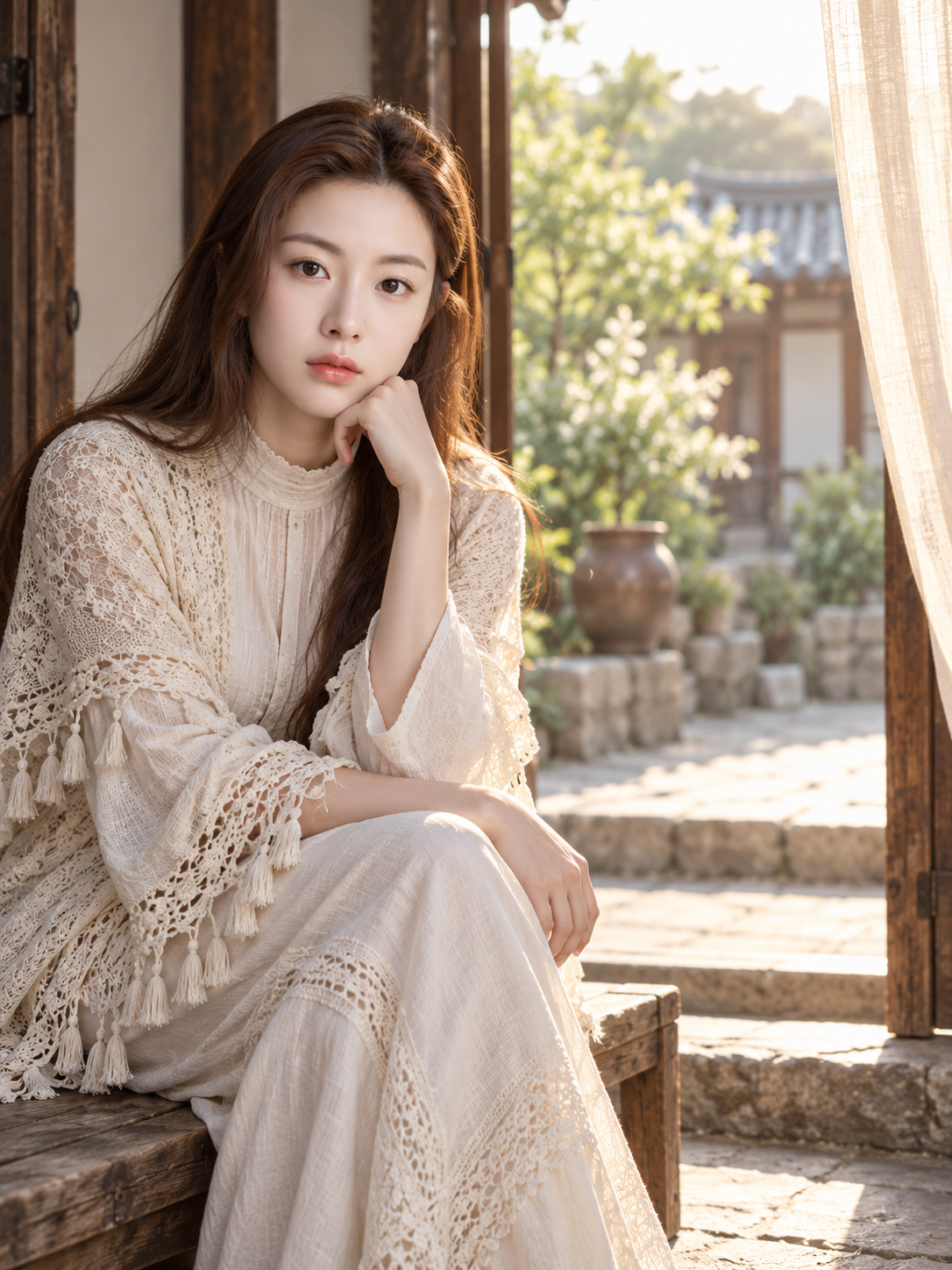 아침 안뜰의 보헤미안 스타일 여성 초상화