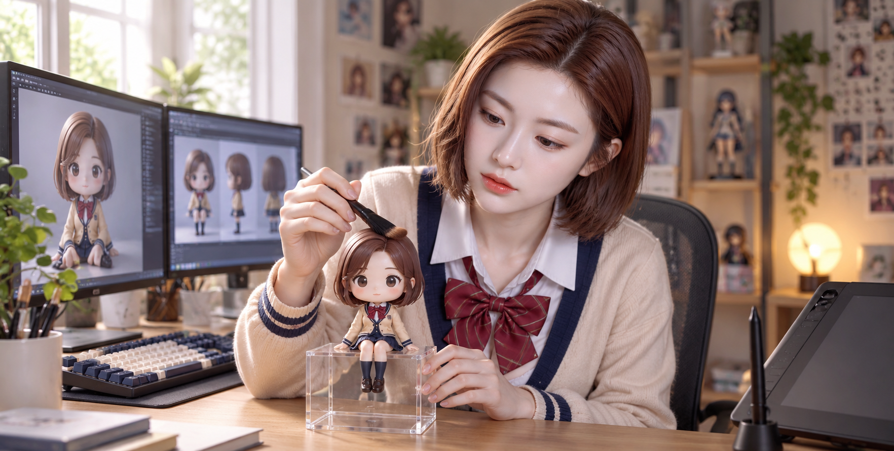 Nhà sáng tạo người lớn nhẹ nhàng lau những mô hình thu nhỏ trên bàn — AI image creation