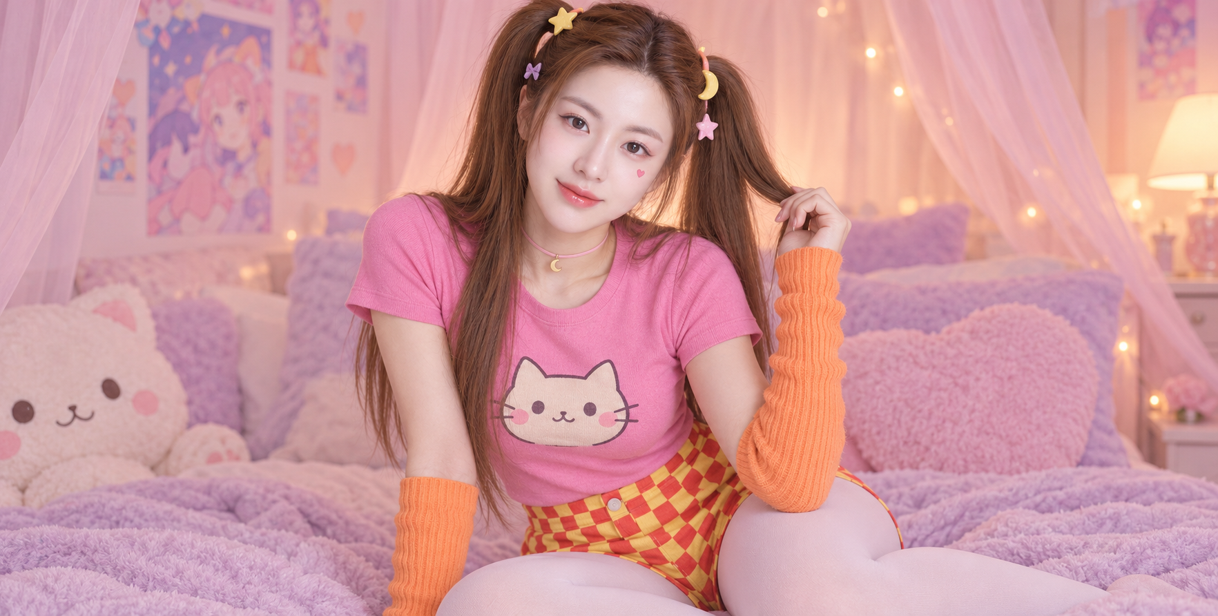 핑크색 규방 속 성인 여성의 장난스러운 카와이 초상화