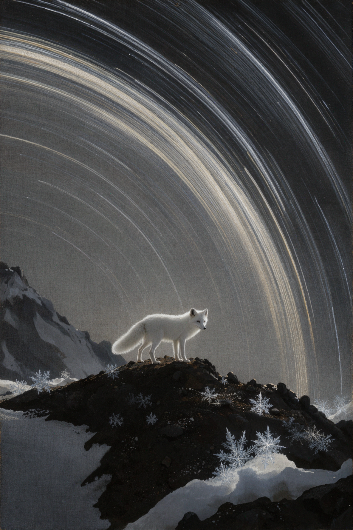 Renard des neiges sous les traînées d'étoiles · Peinture à l'huile classique — AI image creation