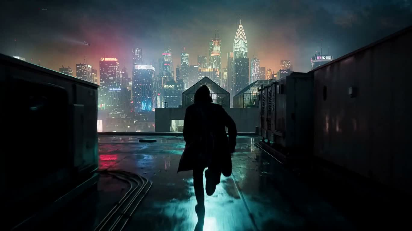 Poursuite sur les toits par une nuit de pluie néon
