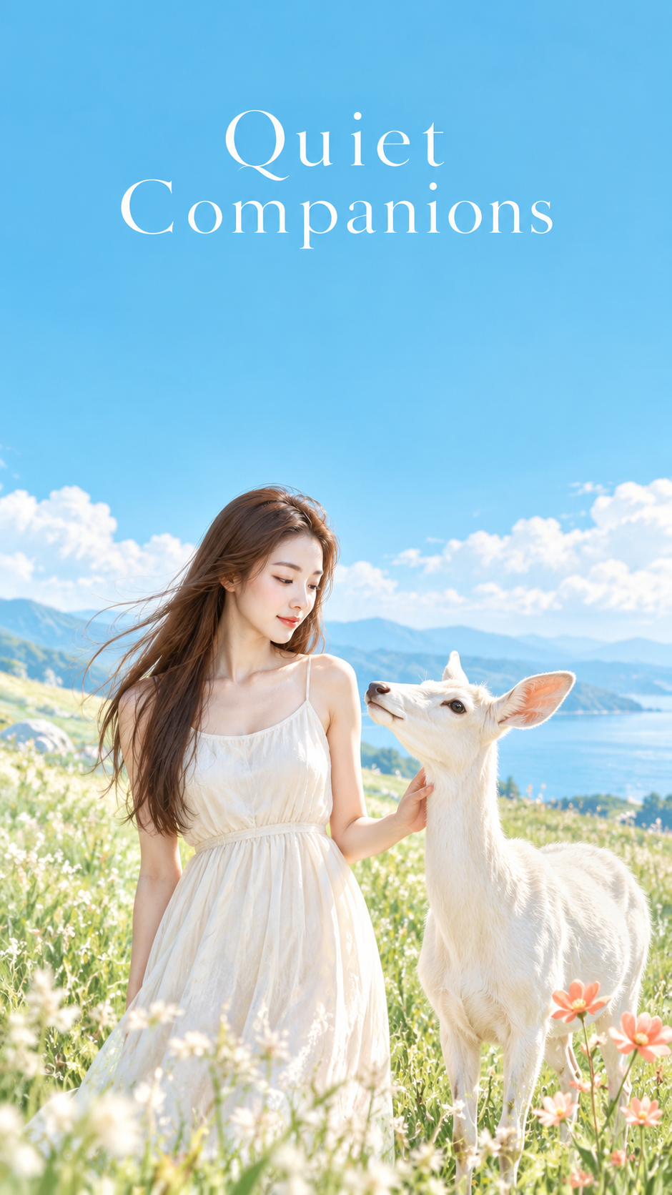 동양 선(禪) 스타일의 흰 사슴과 여인, 힐링 커버