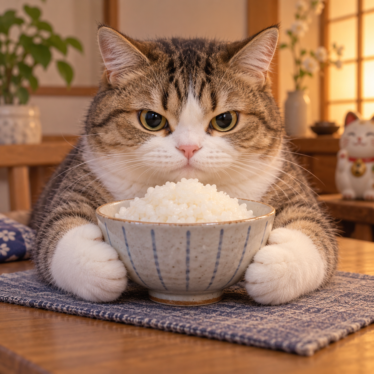 呆萌小猫小心翼翼护住碗里的白米饭