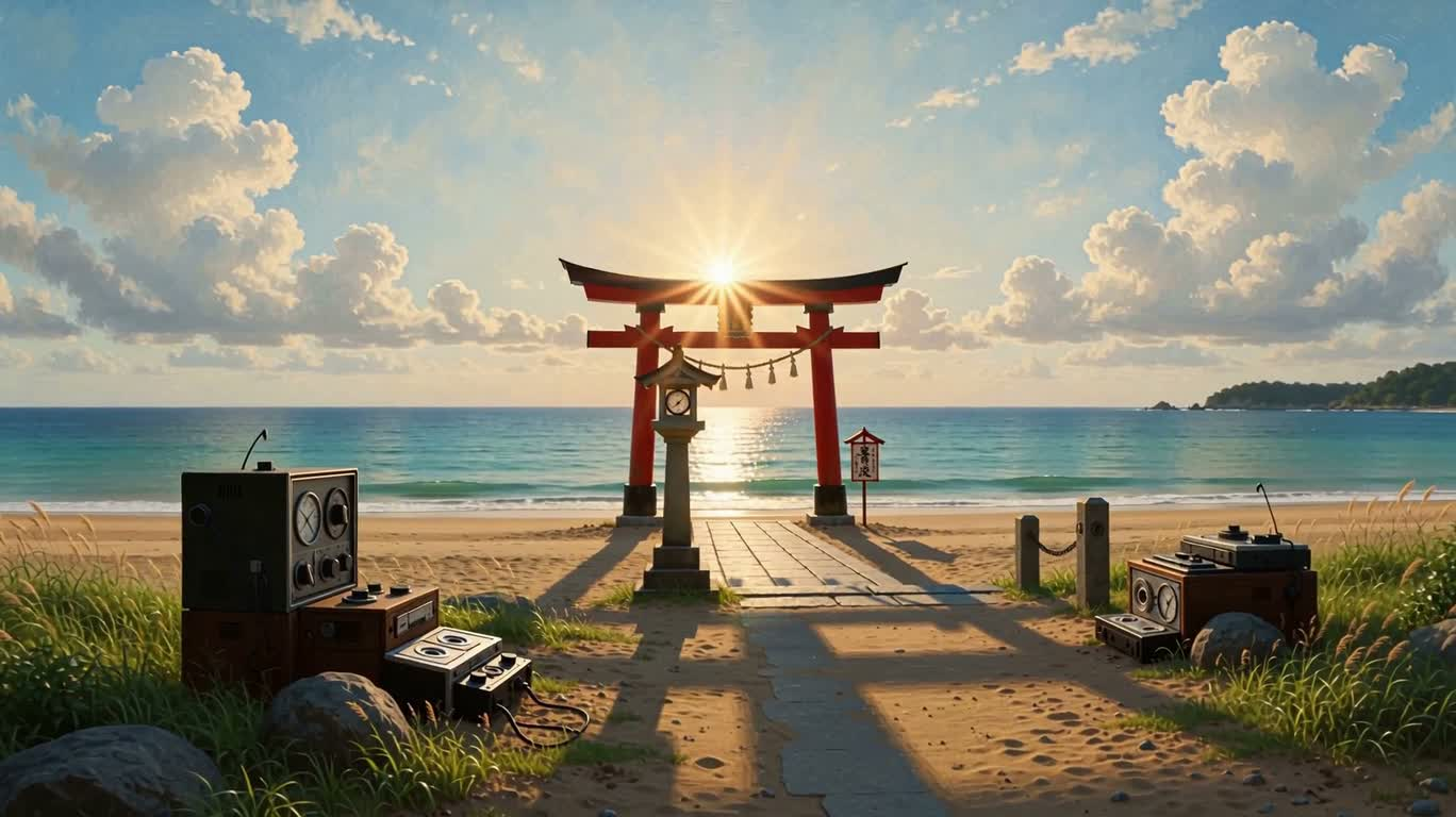 海岸上的快乐复古鸟居
