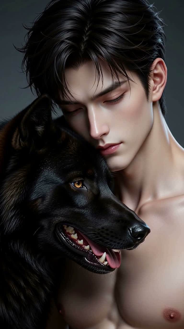 검은 늑대와 청년의 판타지 초상화