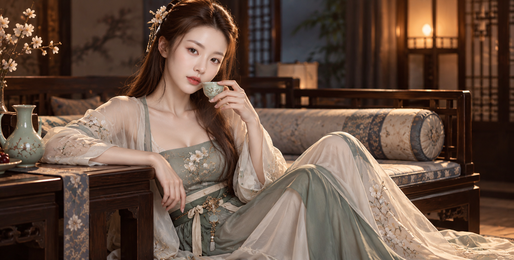 成年女性改良襦裙榻边浅酌
