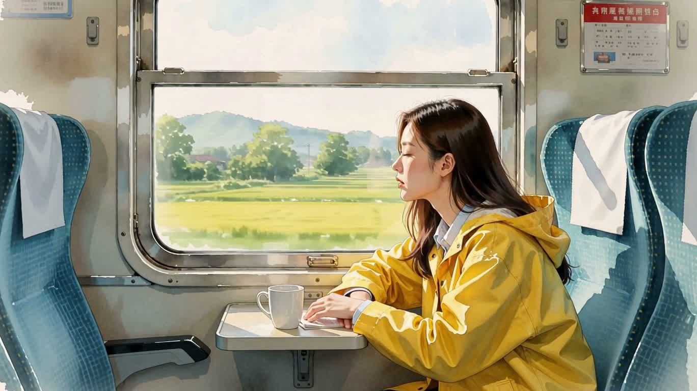 雨窗列车中的水彩通勤者