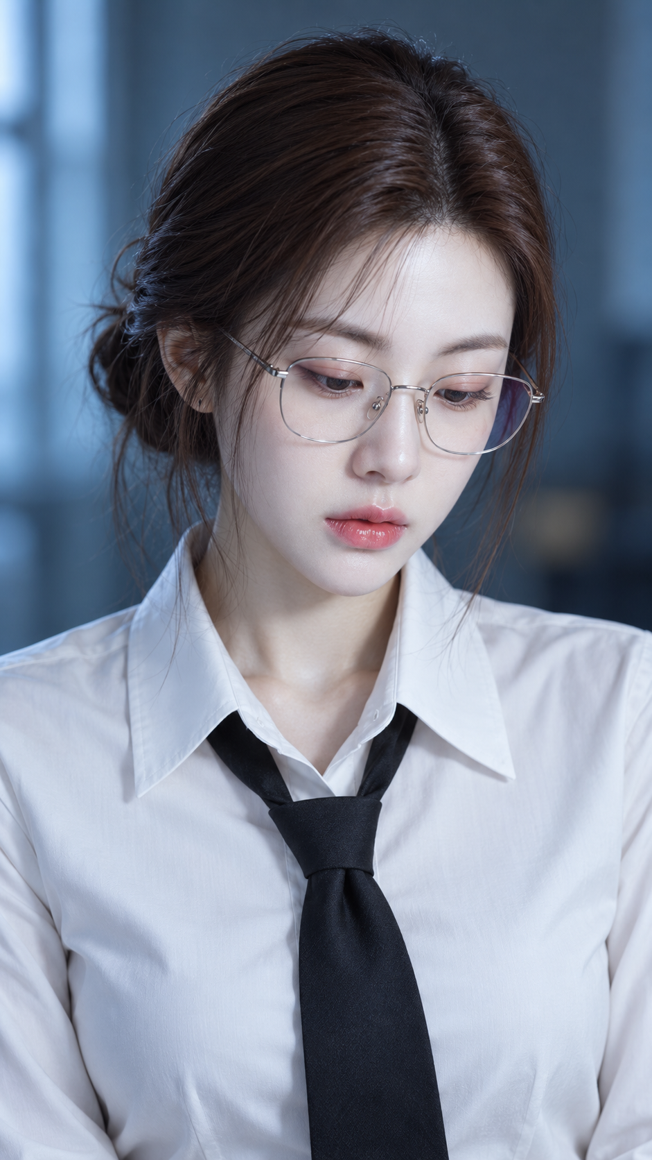 아이스 블루 톤 안경 쓴 성인 초상