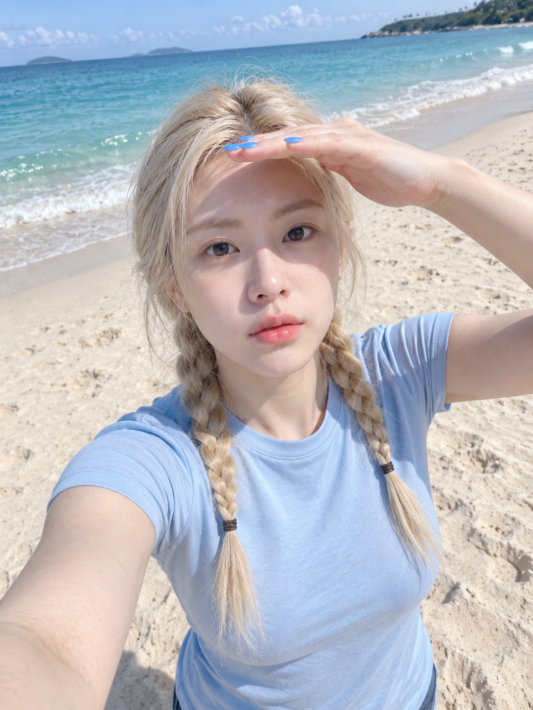 Ultra-Realistic Platinum-Braid Beach Selfie — AI image creation