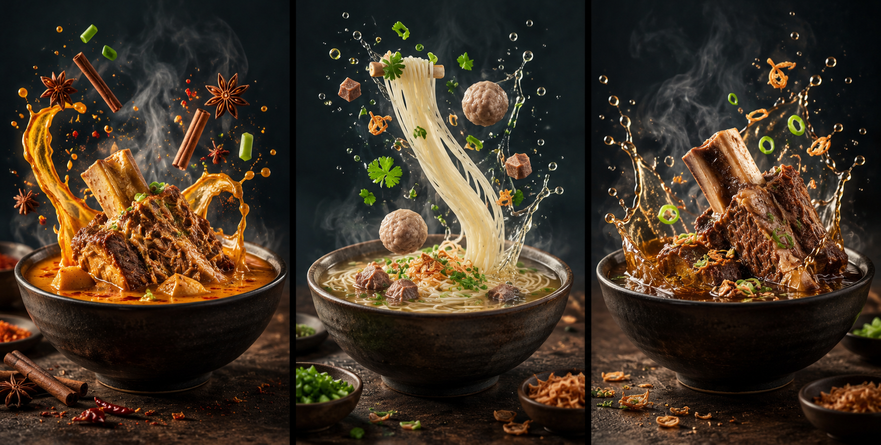 三款热汤飞溅的深色影棚美食三联画