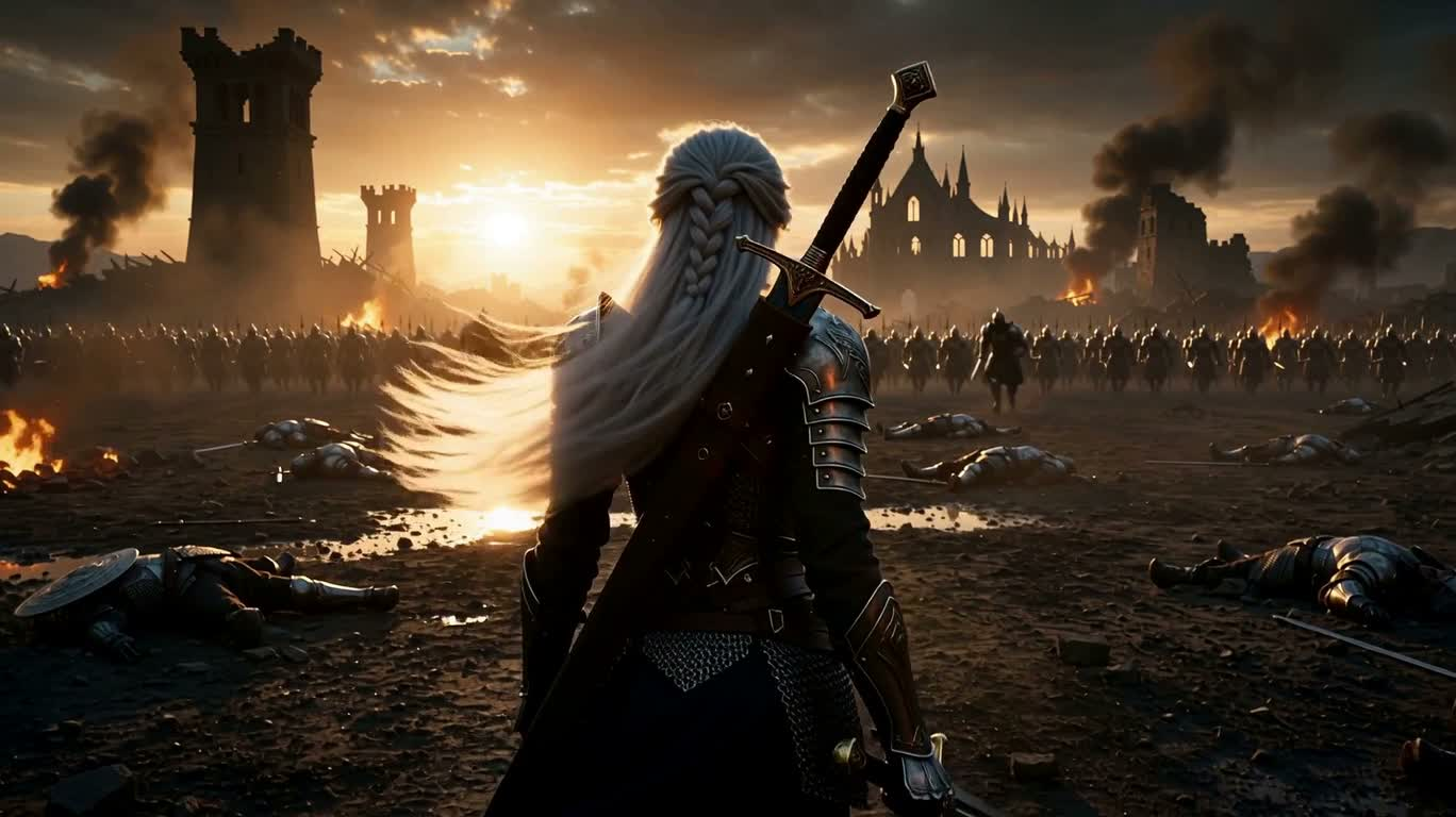 Guerrière aux cheveux d'argent : champ de bataille au crépuscule