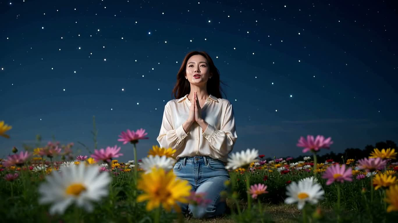 Vœu dans une mer de fleurs au clair de lune