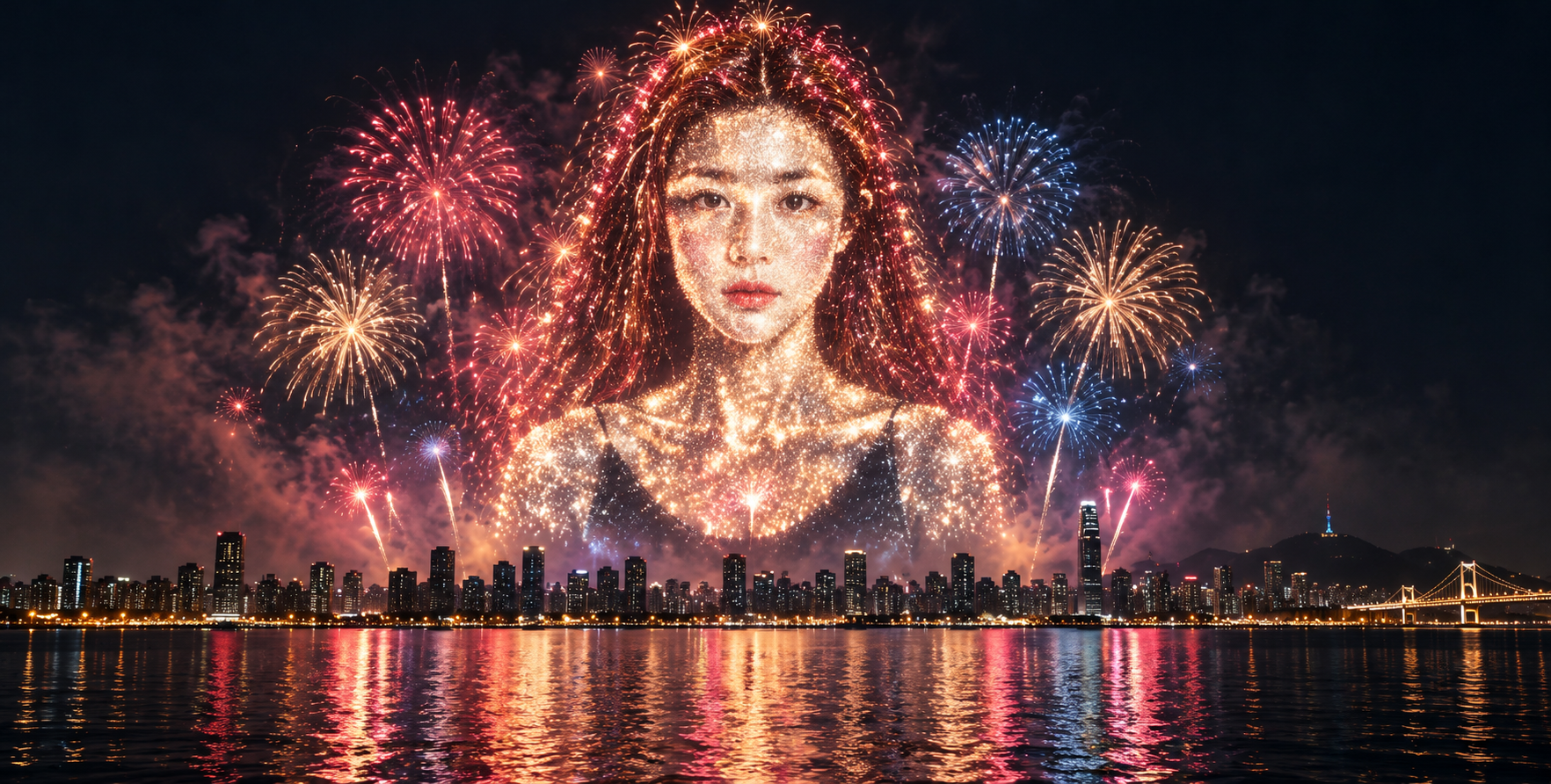 海滨夜空中的定制烟火剪影与水面倒影 — AI image creation