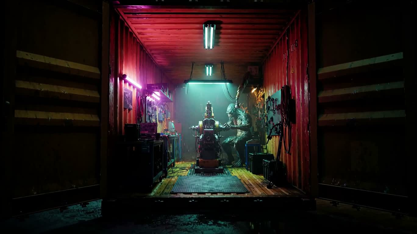 Atelier néon de Cthulhu dans un conteneur — AI video creation