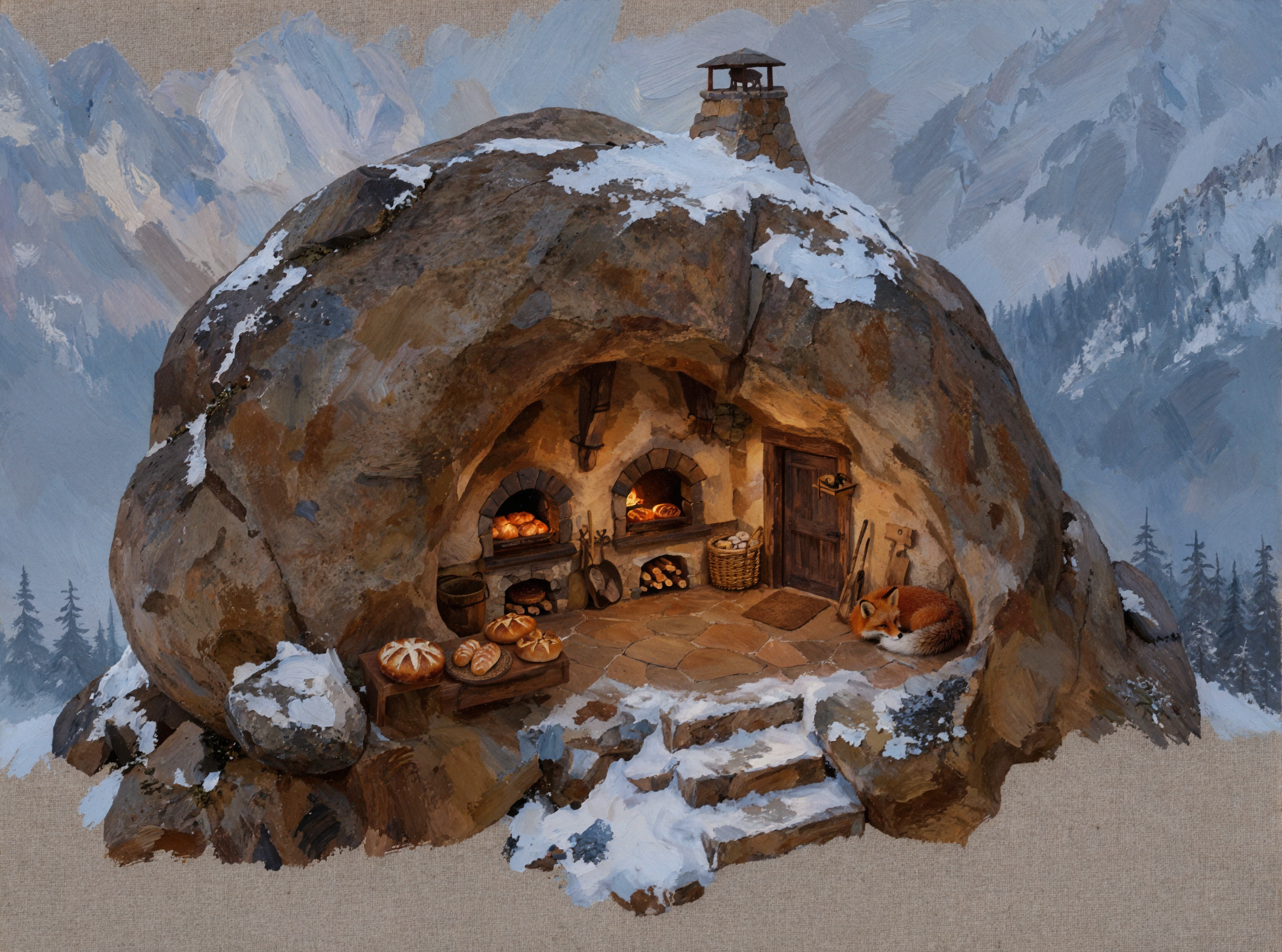 雪の夜のパン屋 · 古典油彩画 — AI image creation