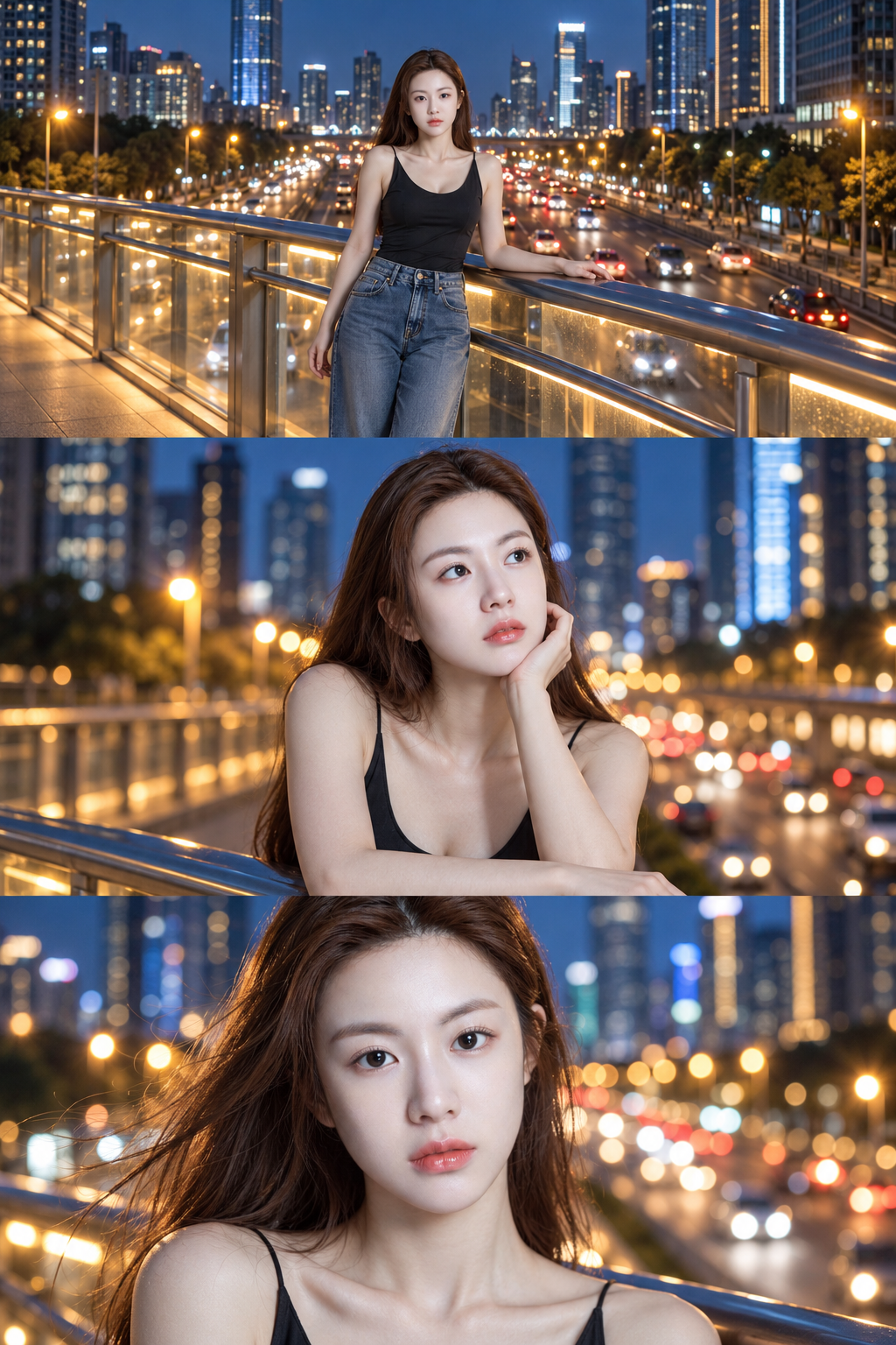 都市夜桥上的电影感三联画成年肖像