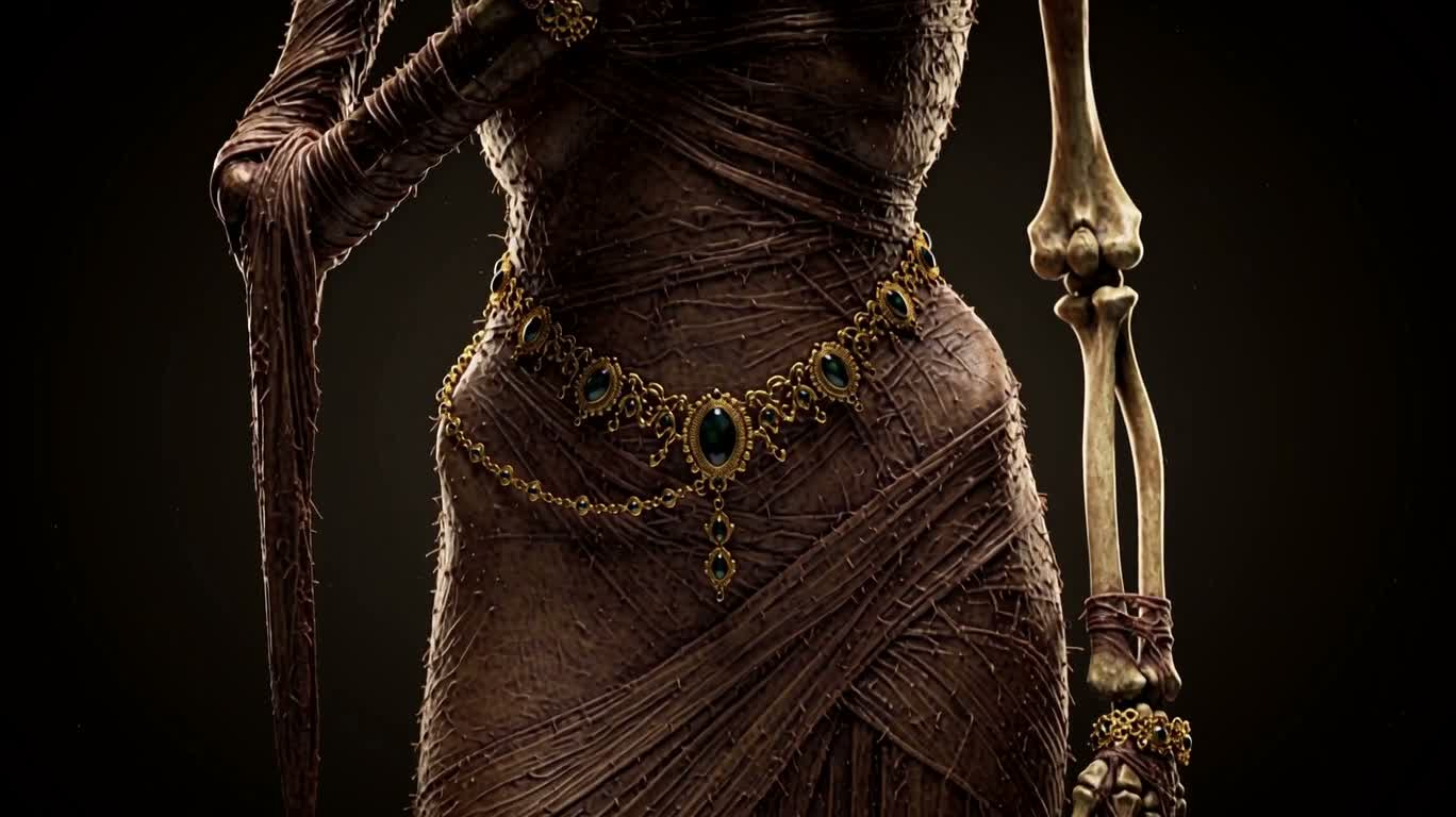 Statue de princesse en os ornée d'insectes dorés — AI video creation