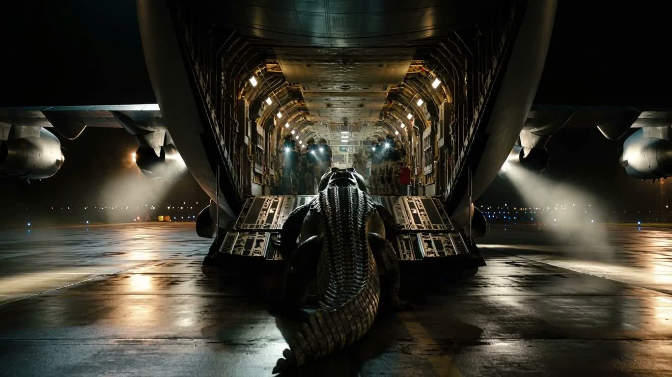 Un crocodile géant bloque un avion de transport militaire de nuit