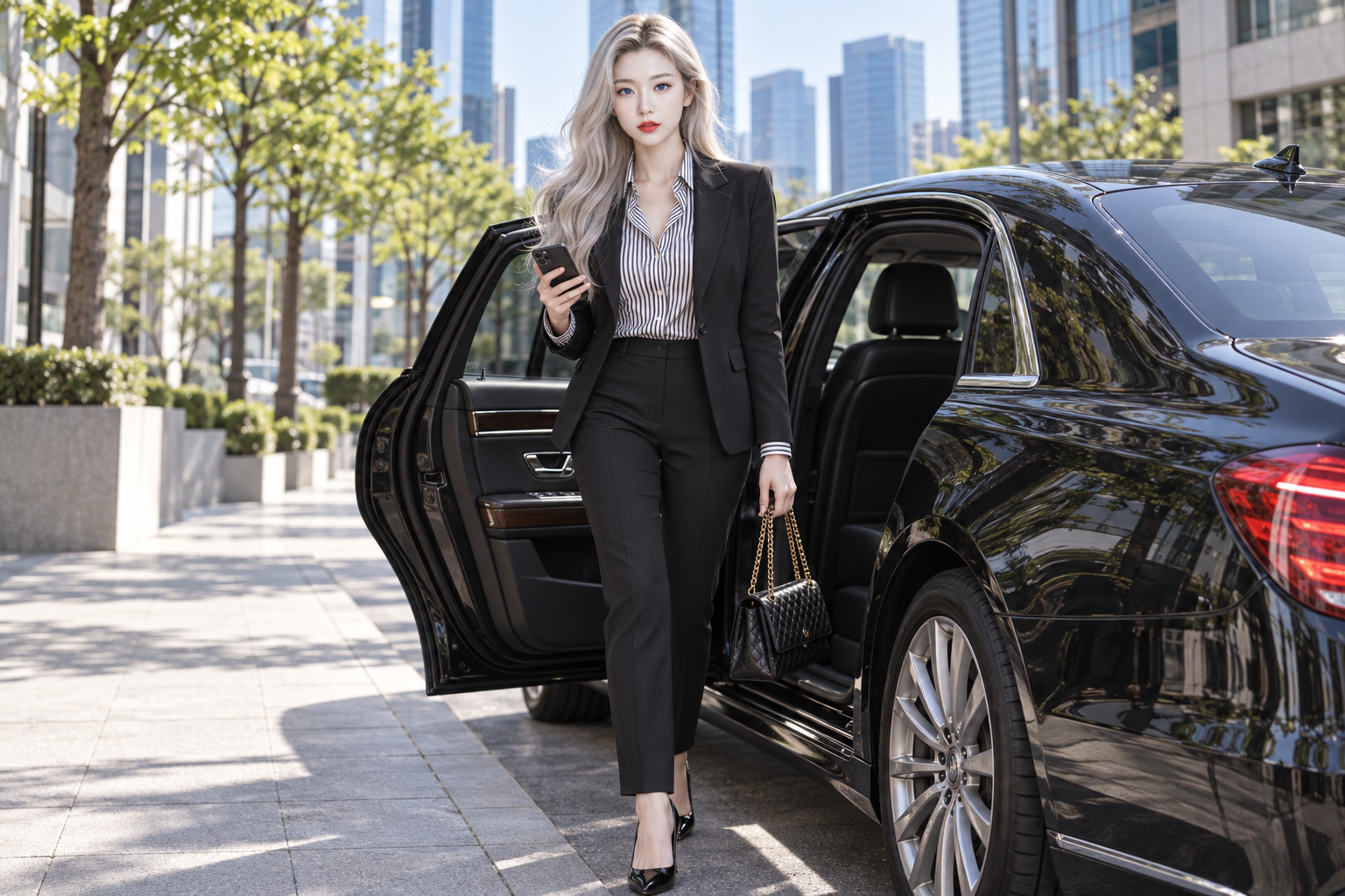 银白长发黑西装职场女性城市街拍