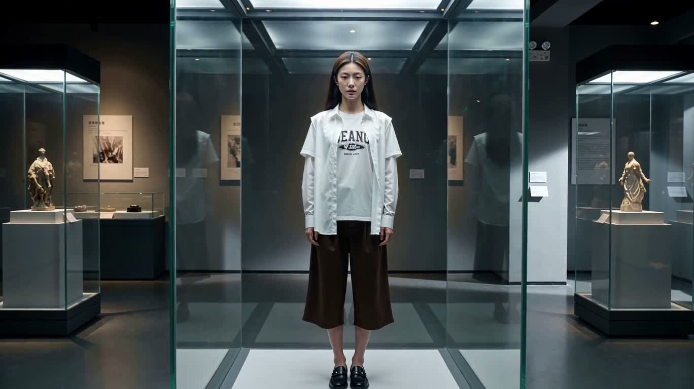 玻璃展柜中的年轻女子