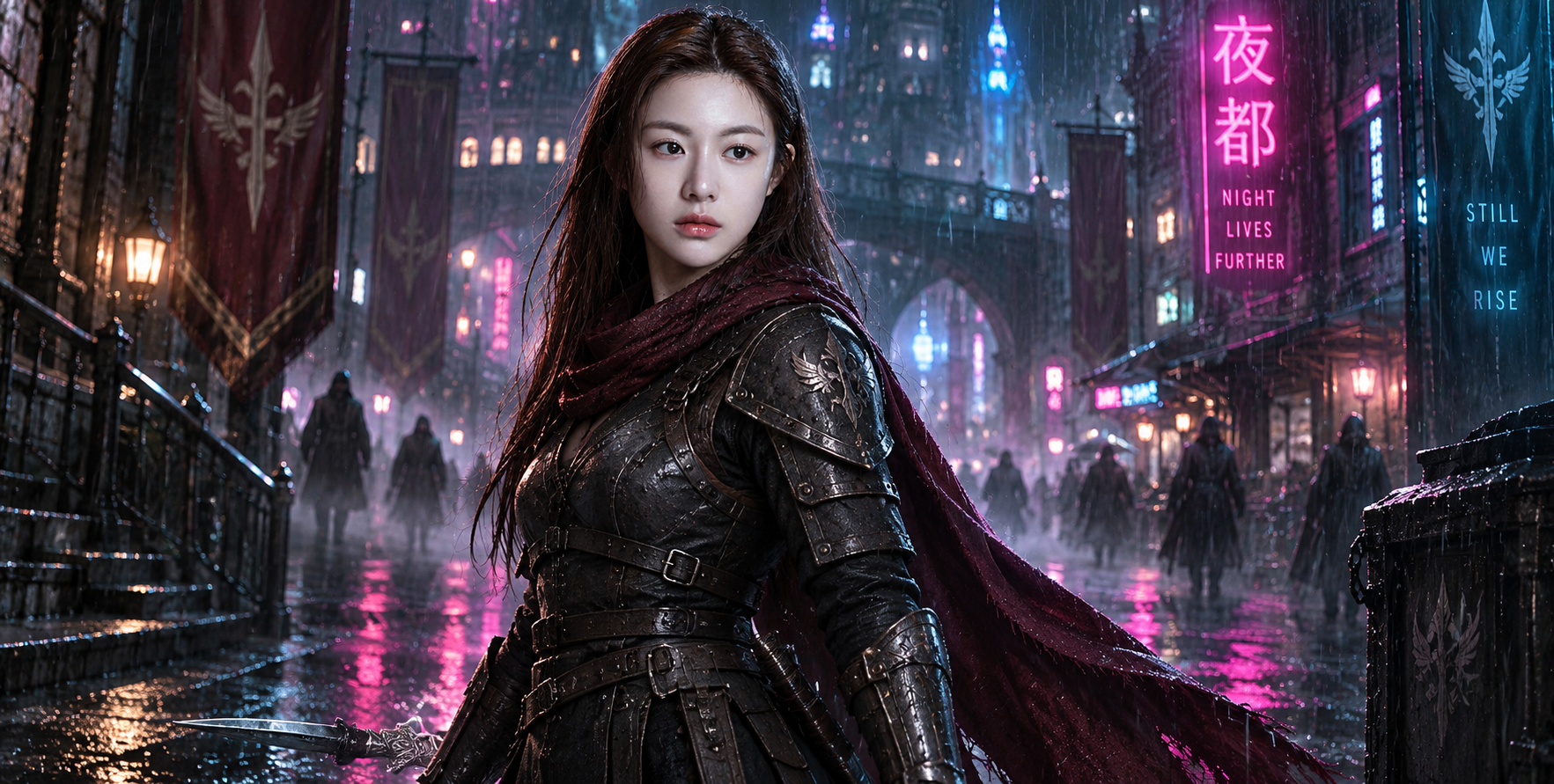 霓虹雨夜中持刀的冷酷女武士