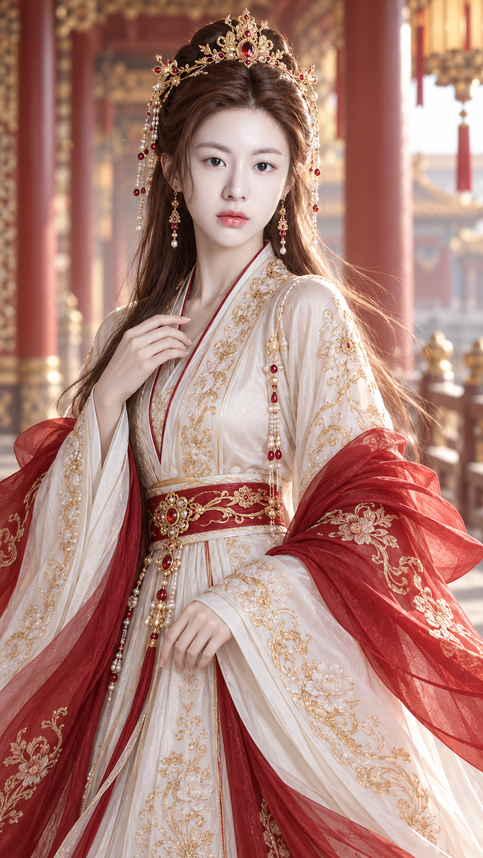 白金刺绣与红披帛的仙侠古装肖像
