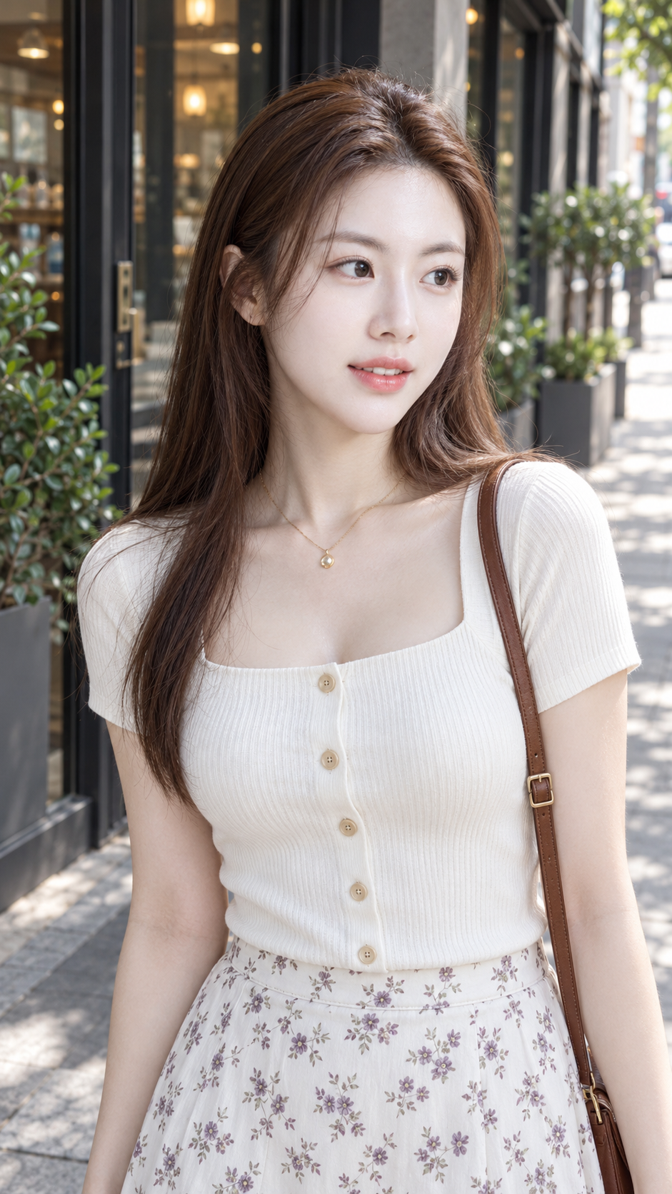 街角日光下的罗纹上衣女性肖像 — AI image creation