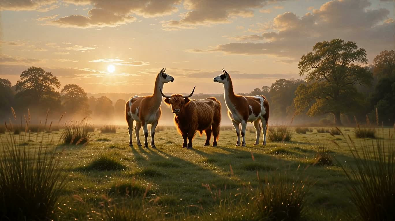 Highland Cattle and Alpacas on a Misty Morning Meadow