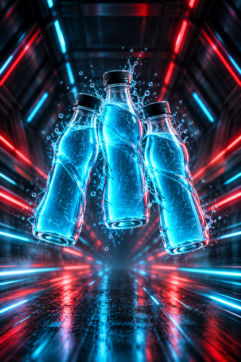 Đồ uống thể thao phát sáng trong đường hầm neon cyberpunk