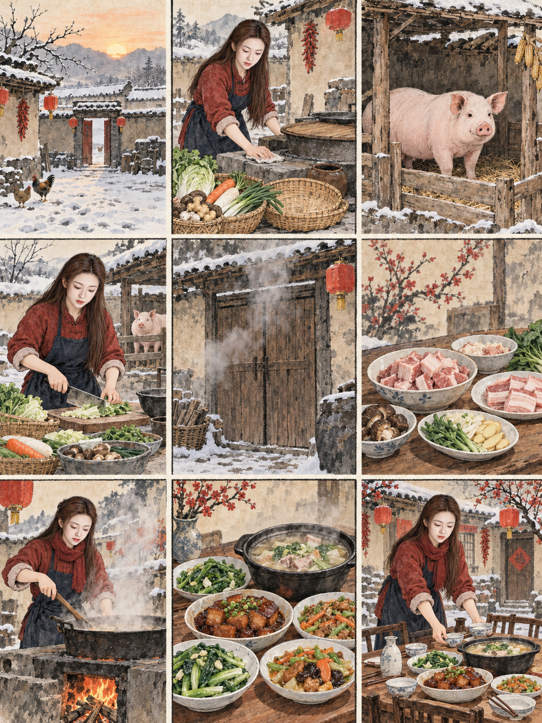 水墨九格 村の収穫祭物語 — AI image creation