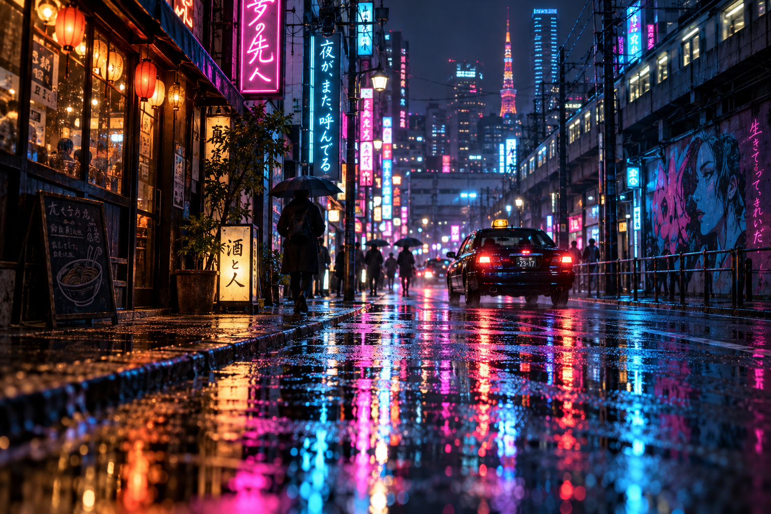 赛博朋克风东京雨夜霓虹街道