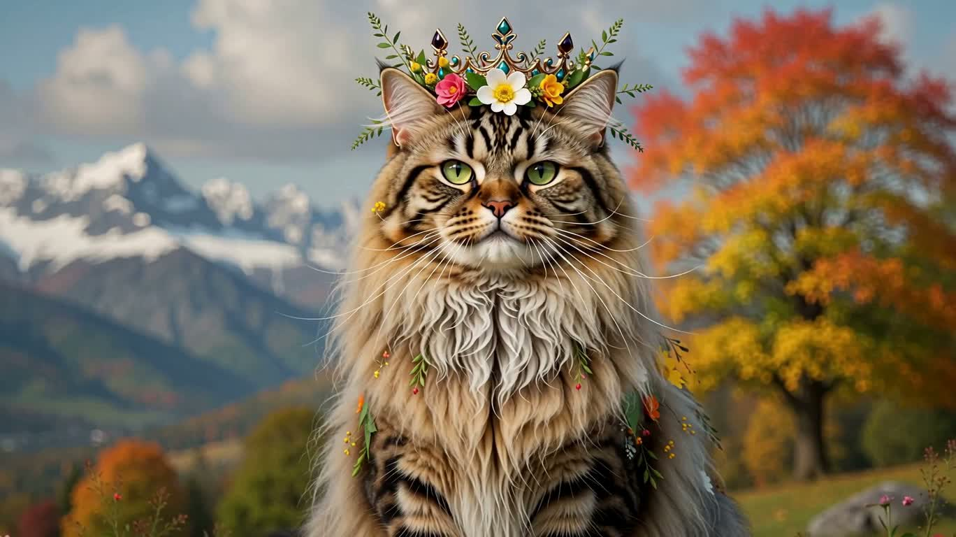 花の冠をかぶった彩絵ペルシャ猫