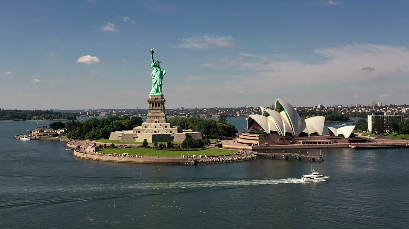 Statue de la Liberté et Opéra de Sydney côte à côte, image réaliste — AI video creation
