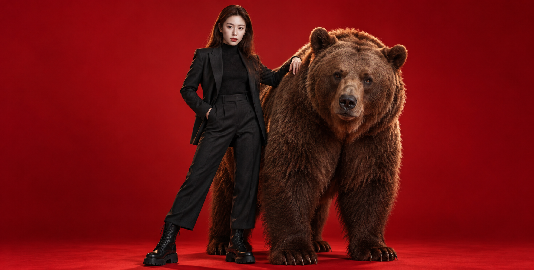 Portrait cinématographique d'une femme et d'un ours brun sur fond rouge