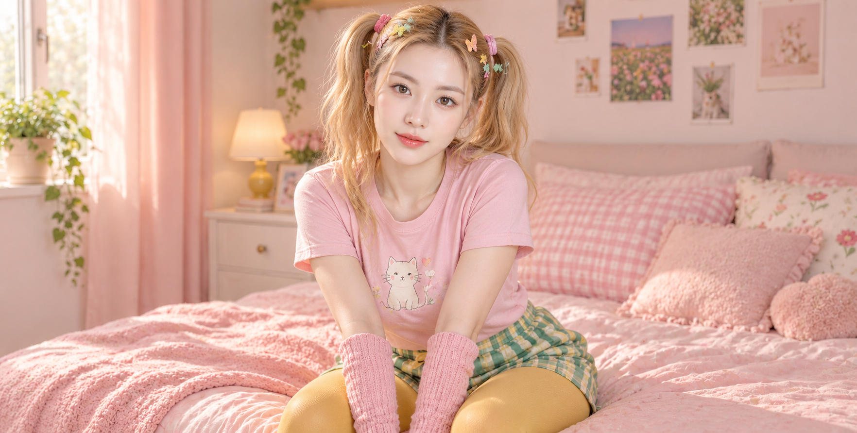 粉彩猫咪主题卧室成人时尚肖像 — AI image creation
