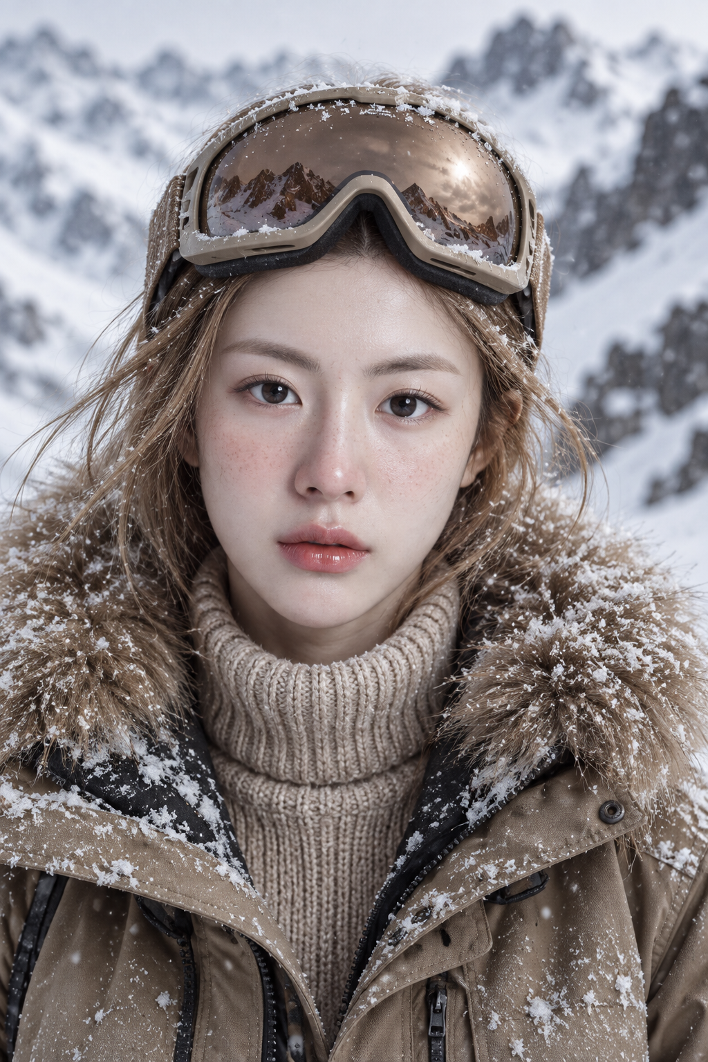 Portrait d'une femme adulte au regard froid en tenue d'hiver et lunettes de ski