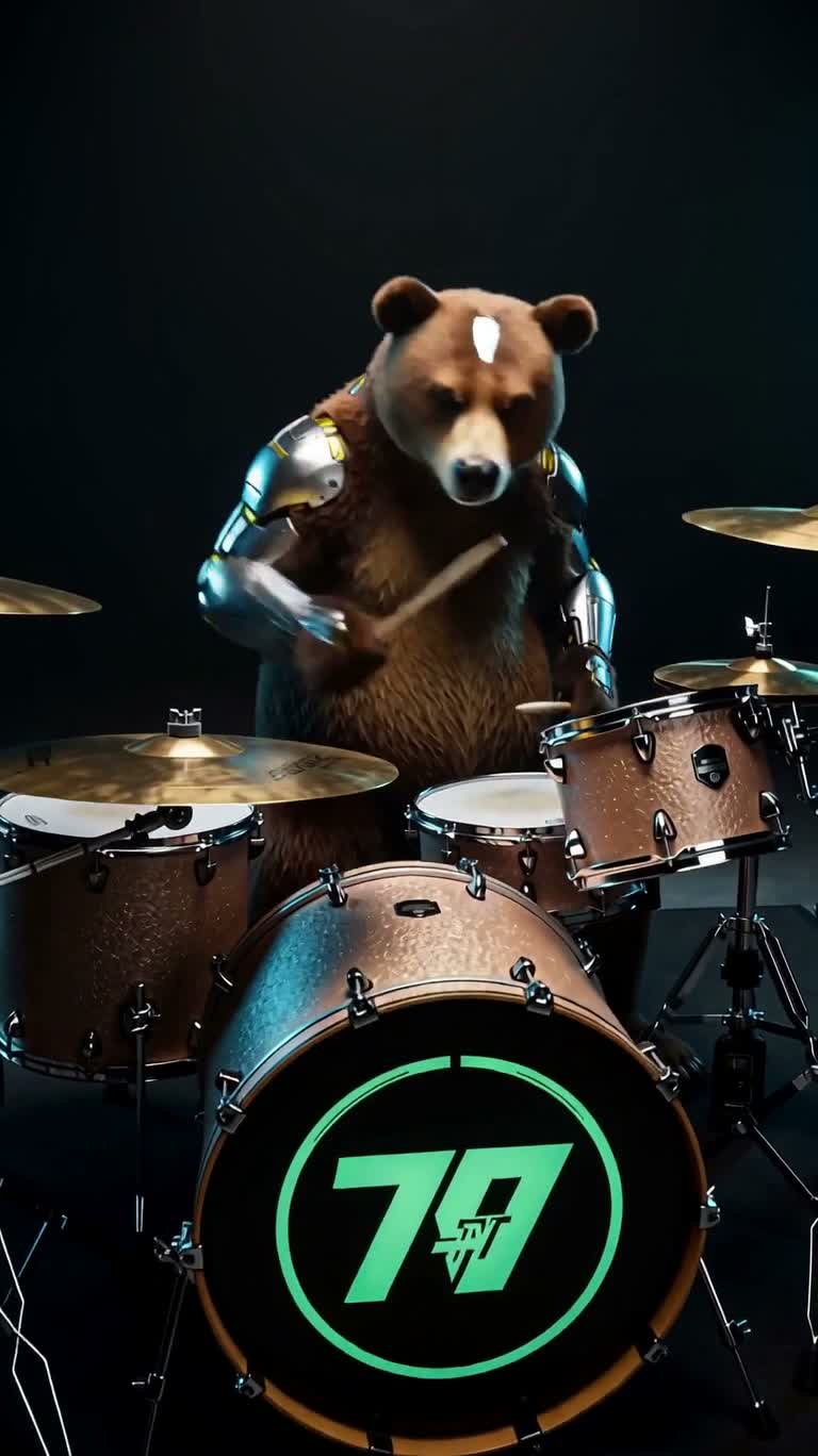 Neon Cyber Bear Drummer — AI video creation