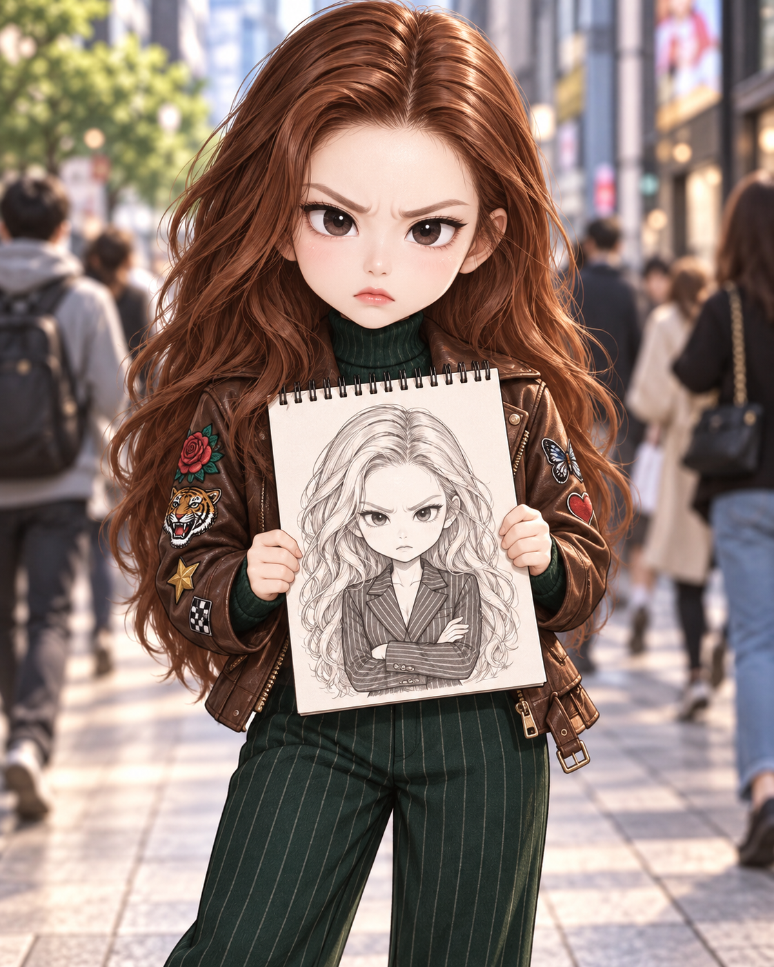 繁华街头手持素描本的愤怒Q版成年女性