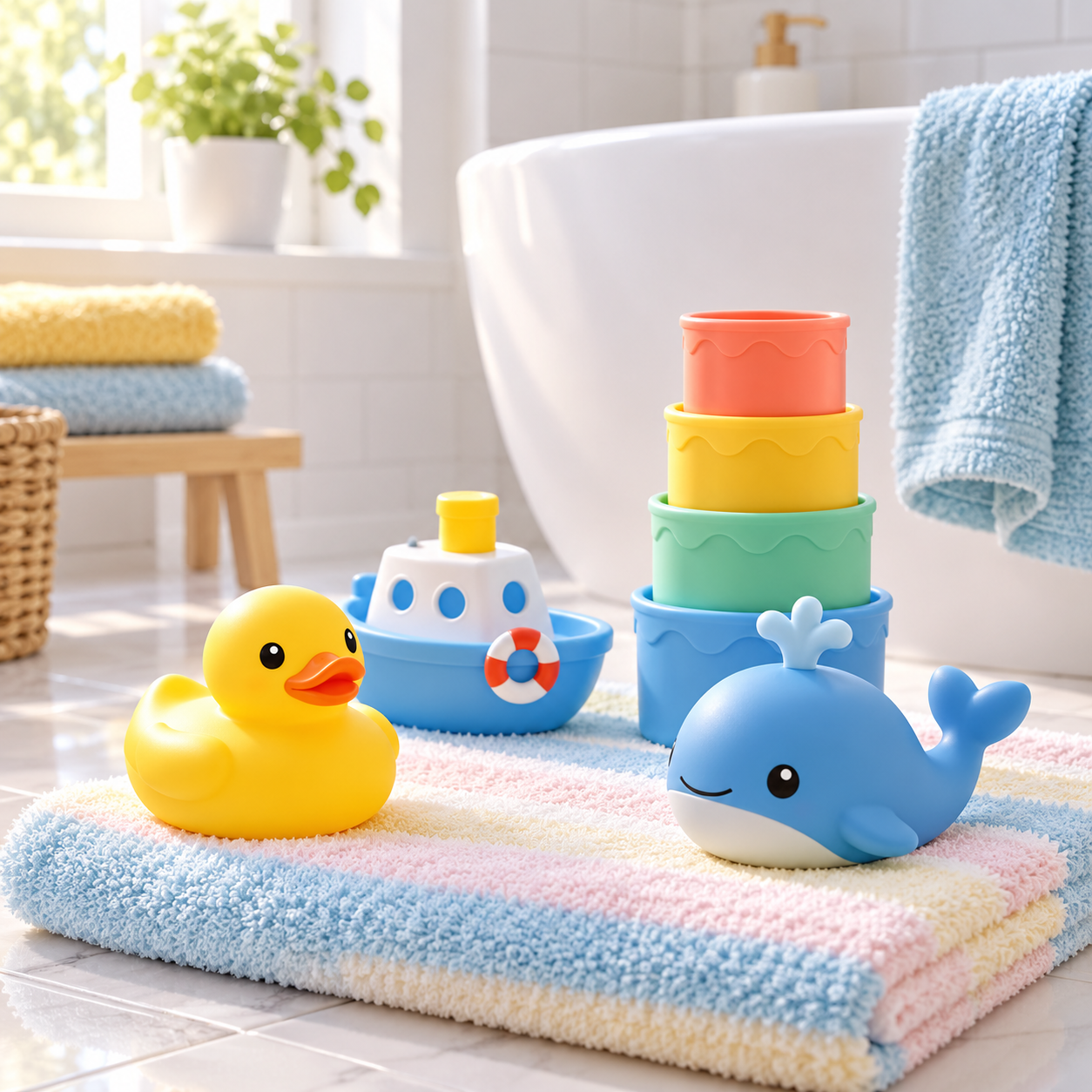 かわいいお風呂のおもちゃを選ぶ温かいひととき